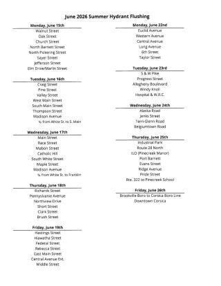 June 2026 Hydrant Flushing List
